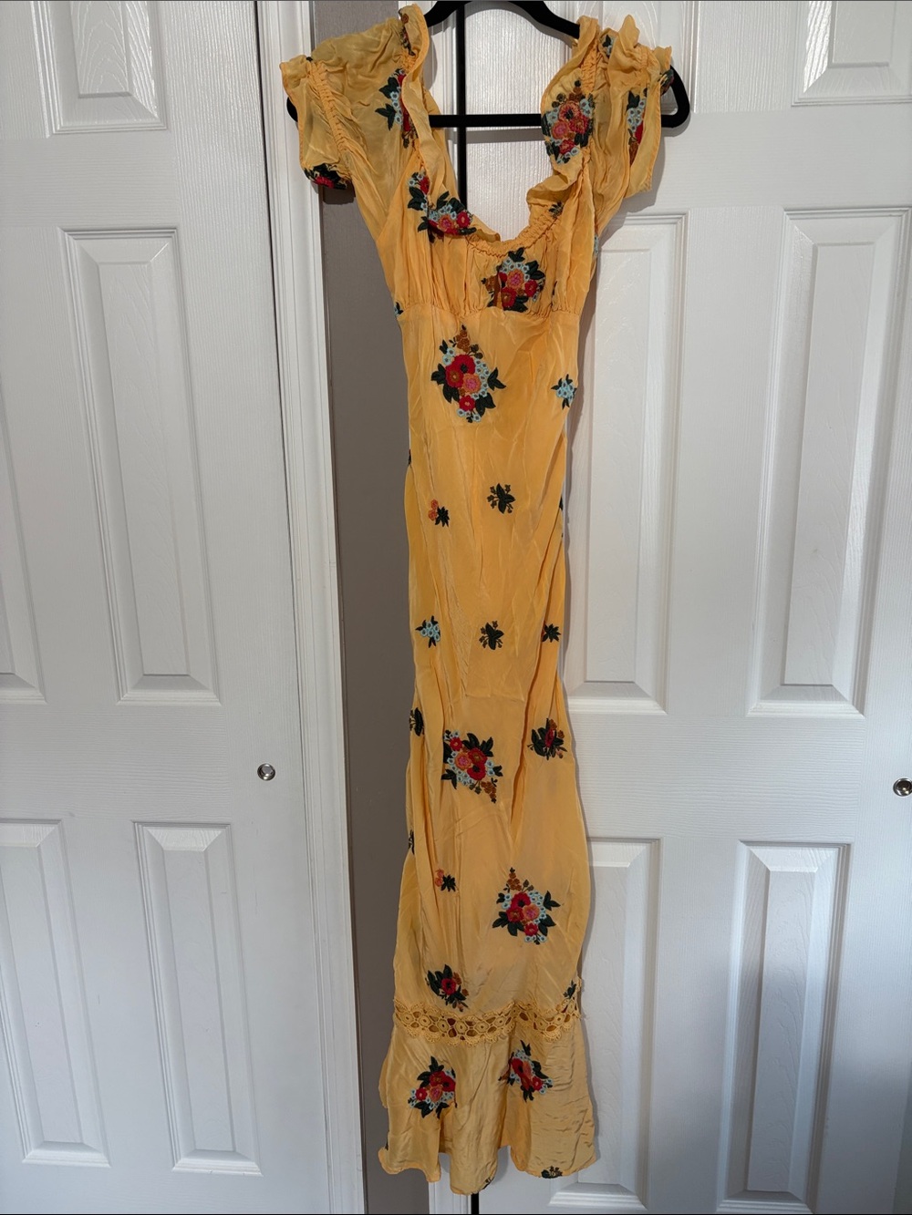Free People Mustard Yellow Floral Maxi Dress with Ruffle Details